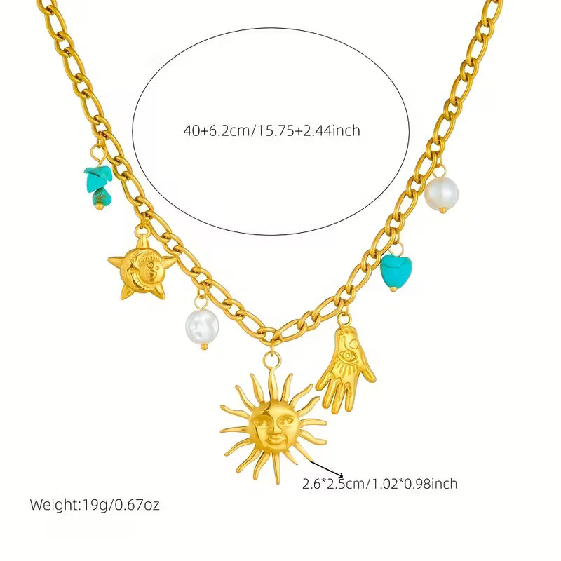 18K Gold Plated Chunky Hip-Hop Style Golden Stainless Steel Necklace with Sun, Palm, and Turquoise Pendants  | Waterproof Luxury Jewelry