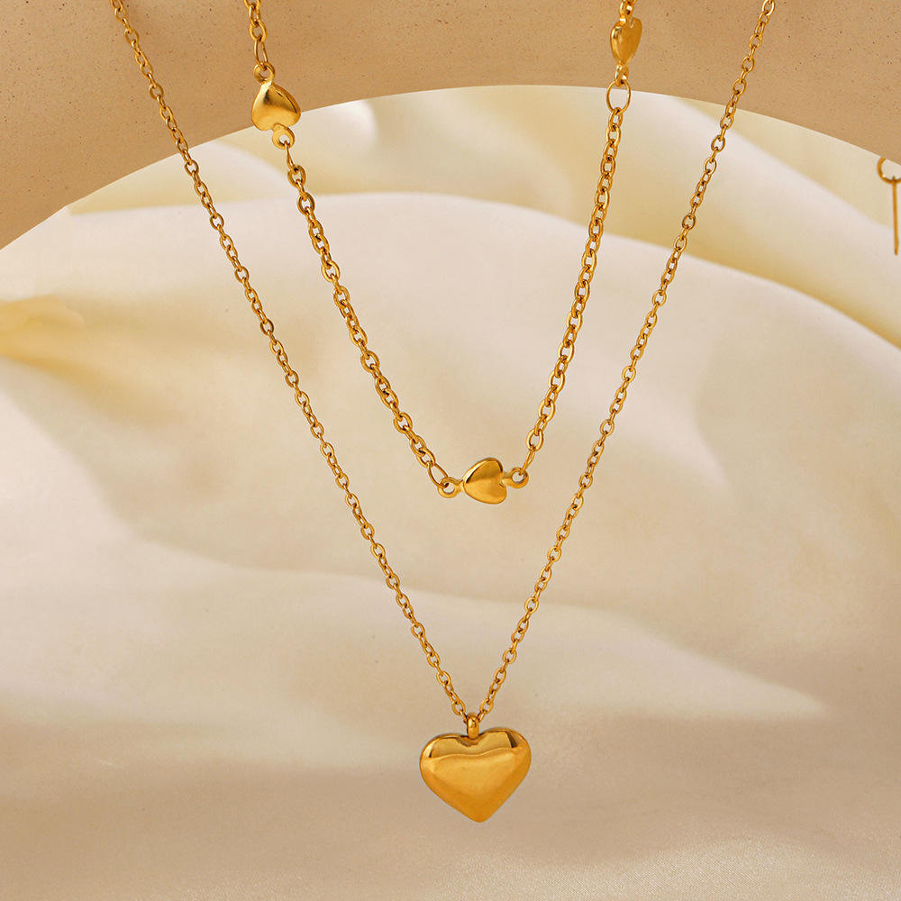18k Gold Plated Stainless Steel Double Layer Choker  Heart Charm Pendant Necklace | Waterproof