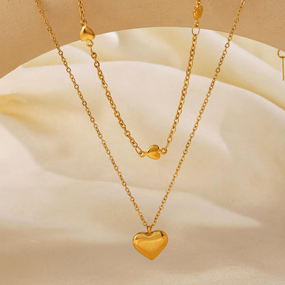18k Gold Plated Stainless Steel Double Layer Choker  Heart Charm Pendant Necklace | Waterproof