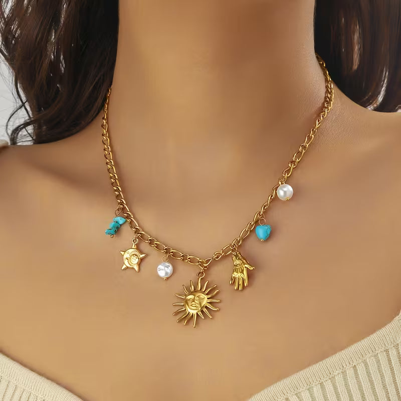 18K Gold Plated Chunky Hip-Hop Style Golden Stainless Steel Necklace with Sun, Palm, and Turquoise Pendants  | Waterproof Luxury Jewelry