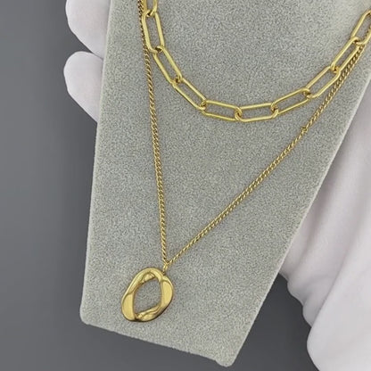 Woman 18K Gold Plated Stainless Steel Double Layer Hollow Square Pendant Chain Link Necklace | Waterproof