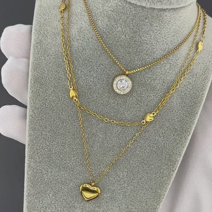 18k Gold Plated Stainless Steel Double Layer Choker  Heart Charm Pendant Necklace | Waterproof