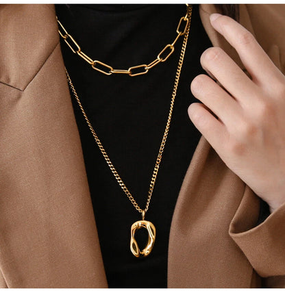 Woman 18K Gold Plated Stainless Steel Double Layer Hollow Square Pendant Chain Link Necklace | Waterproof
