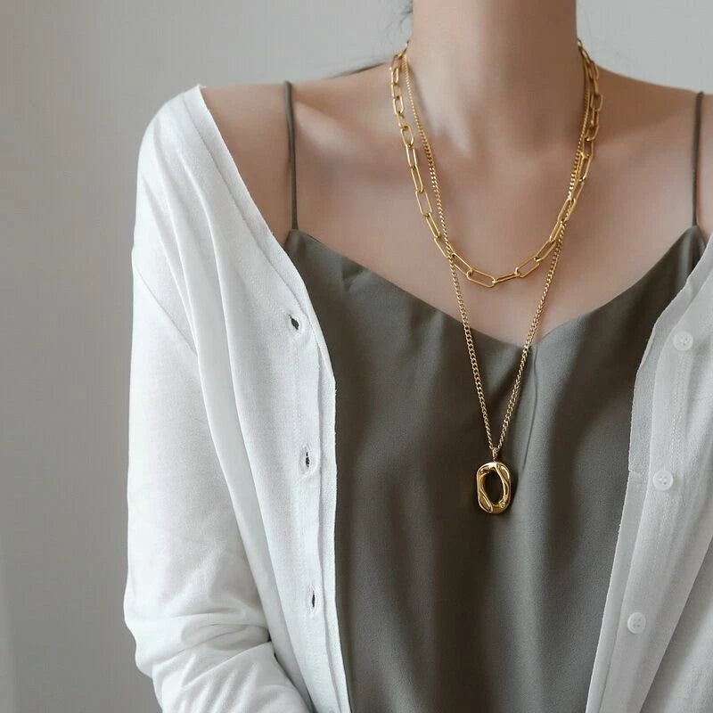 Woman 18K Gold Plated Stainless Steel Double Layer Hollow Square Pendant Chain Link Necklace | Waterproof